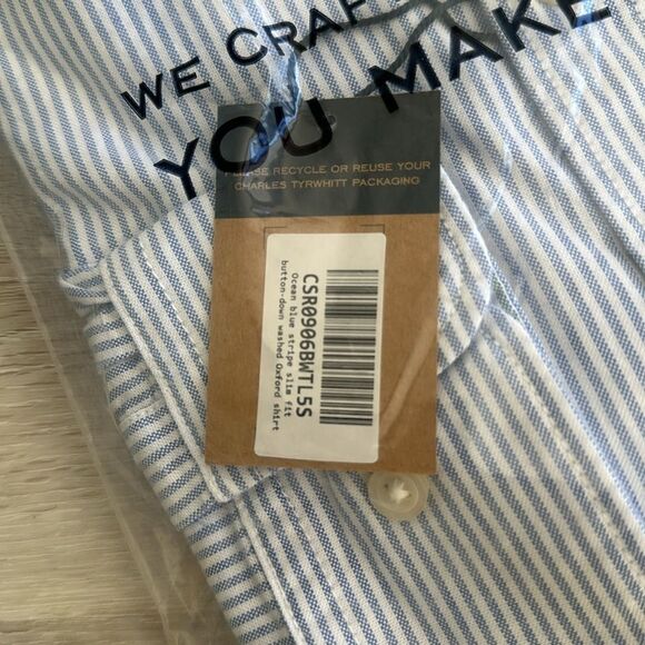 Charles Tyrwhitt Button Collar Stretch Oxford Stripe Ocean Blue L NWT IN PKG - Picture 6 of 7